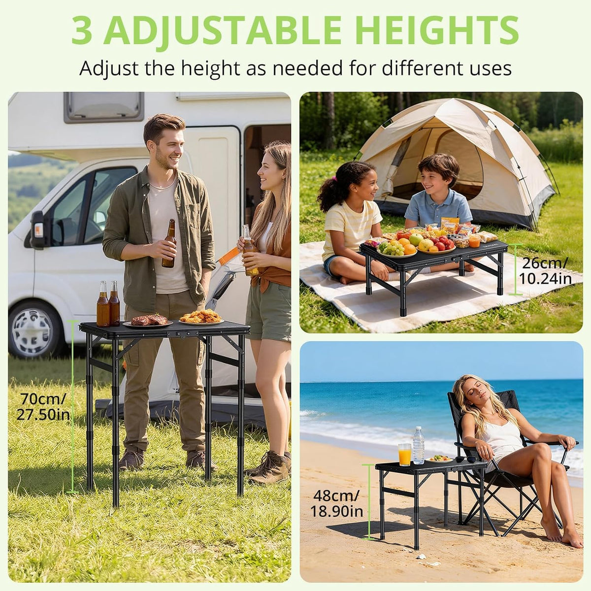 2ft Plastic Folding Camping Table, 3 Adjustable Height Waterproof Small Folding Table with Portable Carry Handle for Outdoor Indoor RV Travel Picnic Beach Patio, 22.8" X 15.7", Pure Black