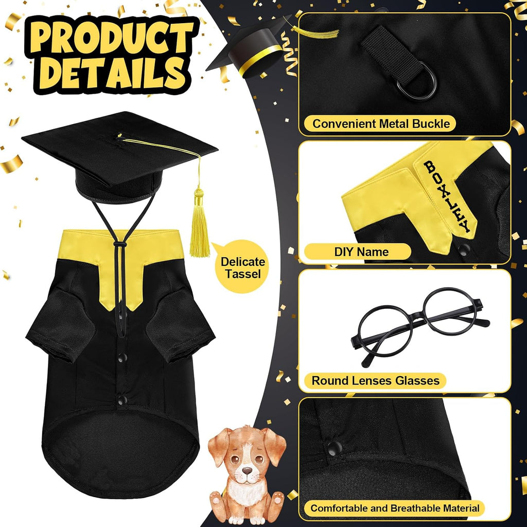 Huhumy 5 Pcs Dog Graduation Costume Set Include 2026 Pet Graduation Gown with Stole Puppy Grad Cap Lensless Glasses DIY Letter Stickers for Dogs Cats Holiday Costume Accessory(Black Yellow,S)