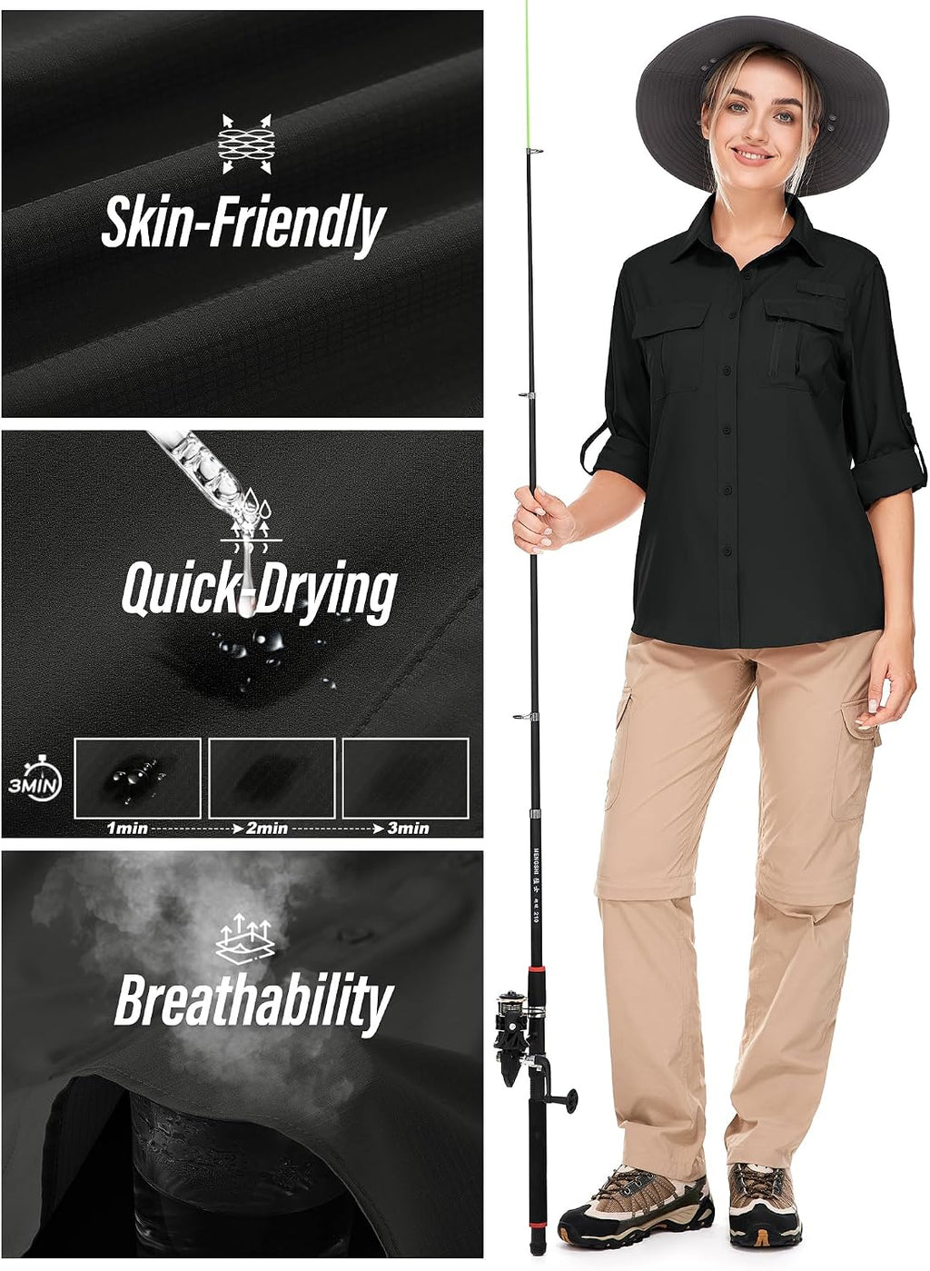 Women's UPF 50 Long Sleeve Sun Protection Safari Fish Hiking Shirts