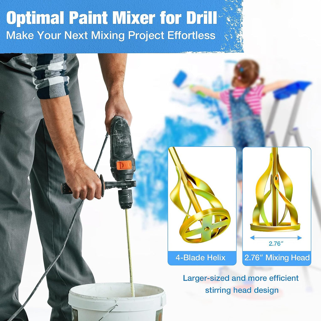2-Pack Paint Mixer for Drill, Upgraded 4-Blade 2.76" Helix Mixing Paddle Rust-Proof Paint Stirrer, Fits All Standard Drills for 1-5 Gallon Bucket, Paints, Resin, Epoxy, Mud, and Slurry