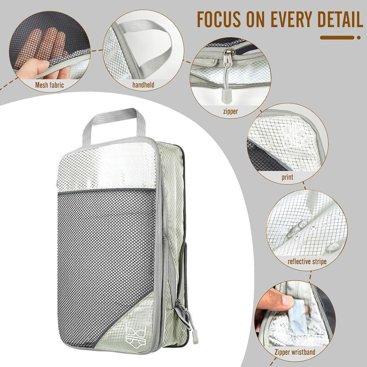 9-Set Packing Cubes with Hanging Bag | 9-Size Combination, Mesh Fabric & Reflective Stripe | Travel Luggage Organizers (Beige)