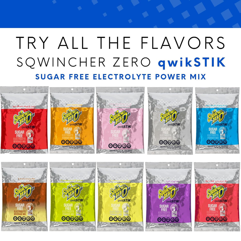 Sqwincher Zero Qwik Stik - Single Serve, Sugar Free, Low Calorie, Low Sodium Electrolyte Replacement Powder Hydration Drink Mix, .11 0z Packet (Pack of 500) Assorted Flavors