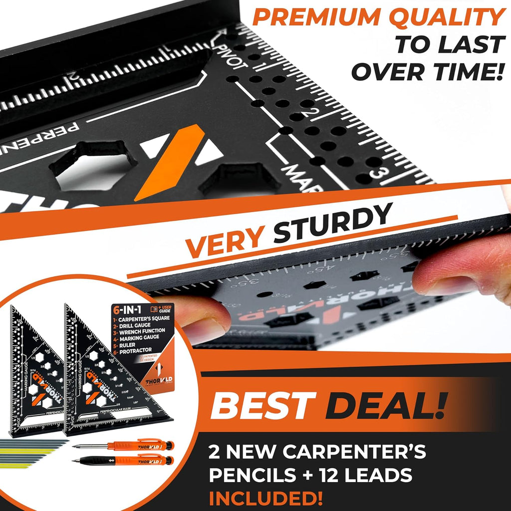 THORVALD 2 Carpenter Square 7 inch (1/16" Precision) + 2 Pencils + 12 Leads - T Square Multi-Purpose Carpenter Tools : Wrench, Protractor, Ruler, Marking Gauge, Drill Gauge, Carpentry Pencil