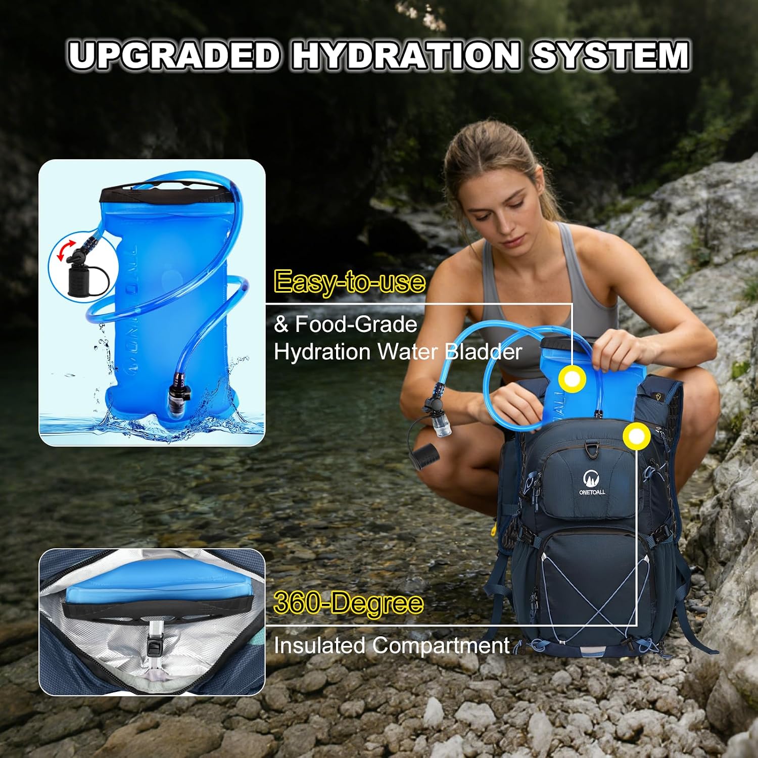 Hydration Backpack 22L, Hiking Backpack with 2L Leakproof Bladder, Sewn-in Rain Cover, Insulated Compartment for Men & Women Running, Cycling, Camping
