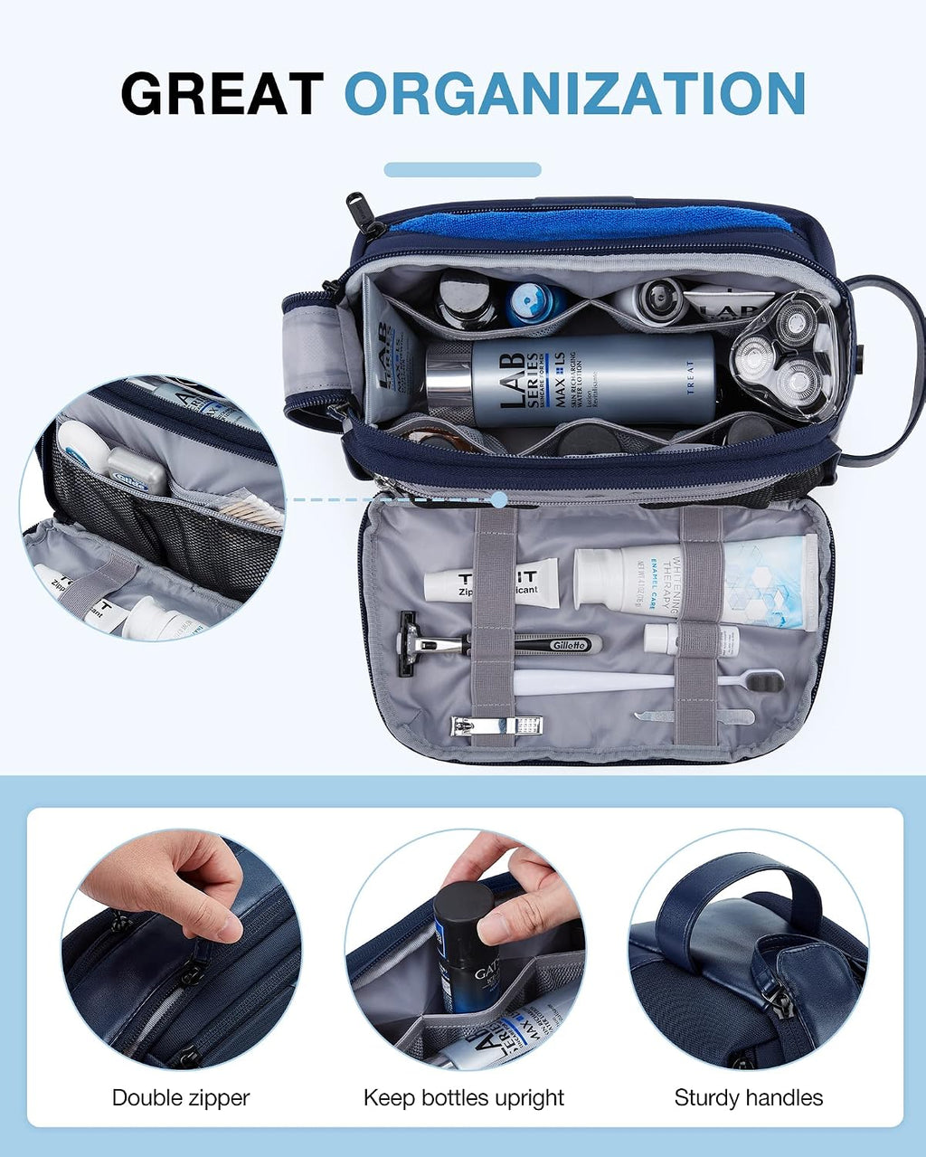 BAGSMART Large Travel Toiletry Bag for Men, Water-resistant, Nvay Blue