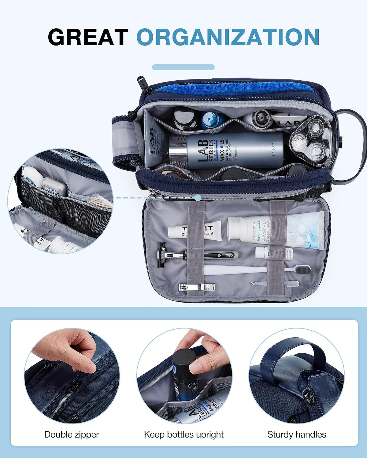 BAGSMART Large Travel Toiletry Bag for Men, Water-resistant, Nvay Blue