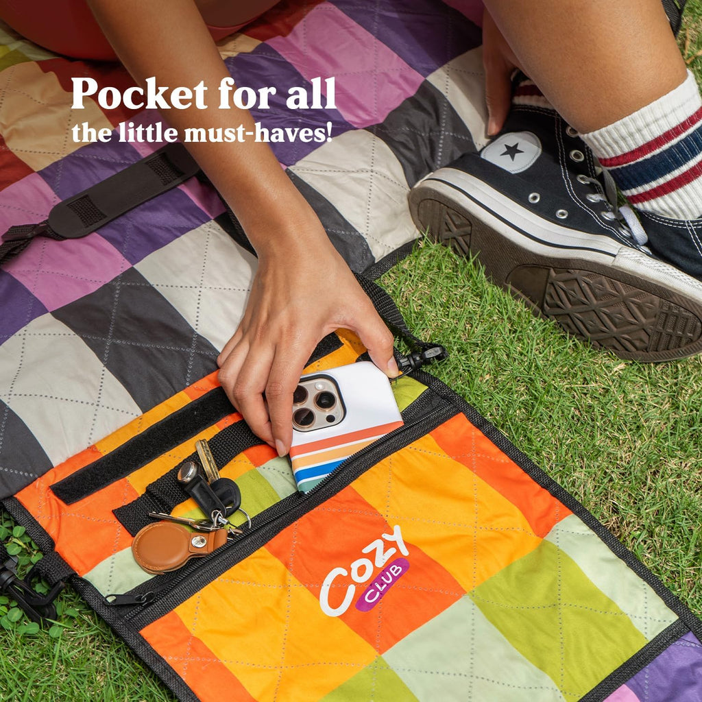 Cozy Club Waterproof Picnic Blanket – Foldable Outdoor Mat 60x70 with Stakes, Pocket & Shoulder Strap | Sandproof Beach Blanket for Festivals, Camping & Travel | Self-Packing | Multicolor | US Brand