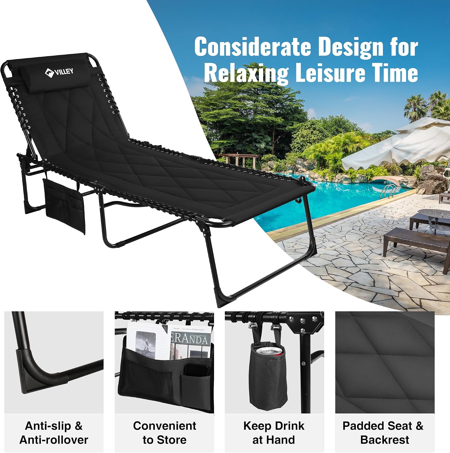 VILLEY Oversized Padded Chaise Lounge with Cushion, Foldable Recliner