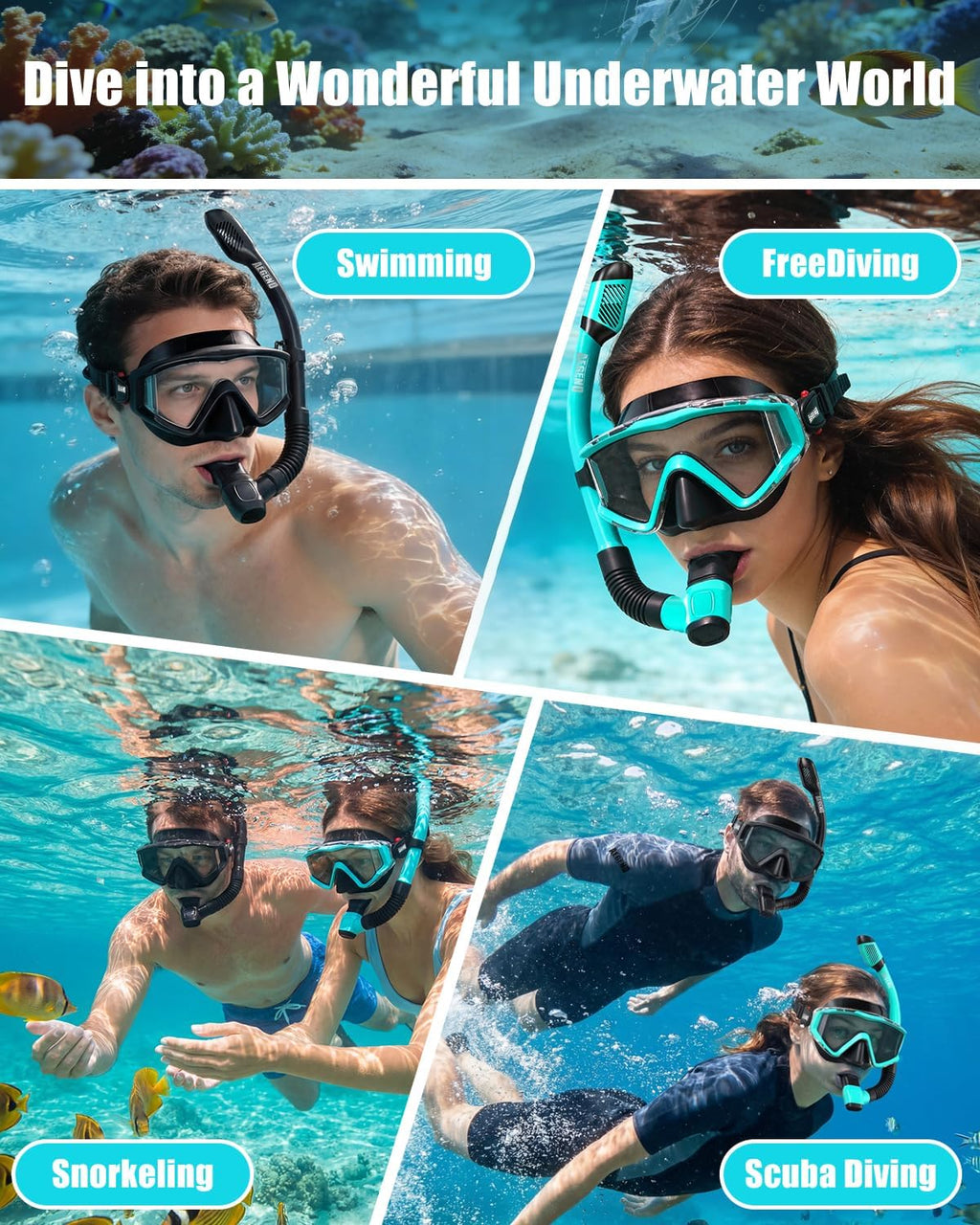 Aegend Snorkeling Gear for Adult Kid - Anti-Fog Mask with Top Dry Valve