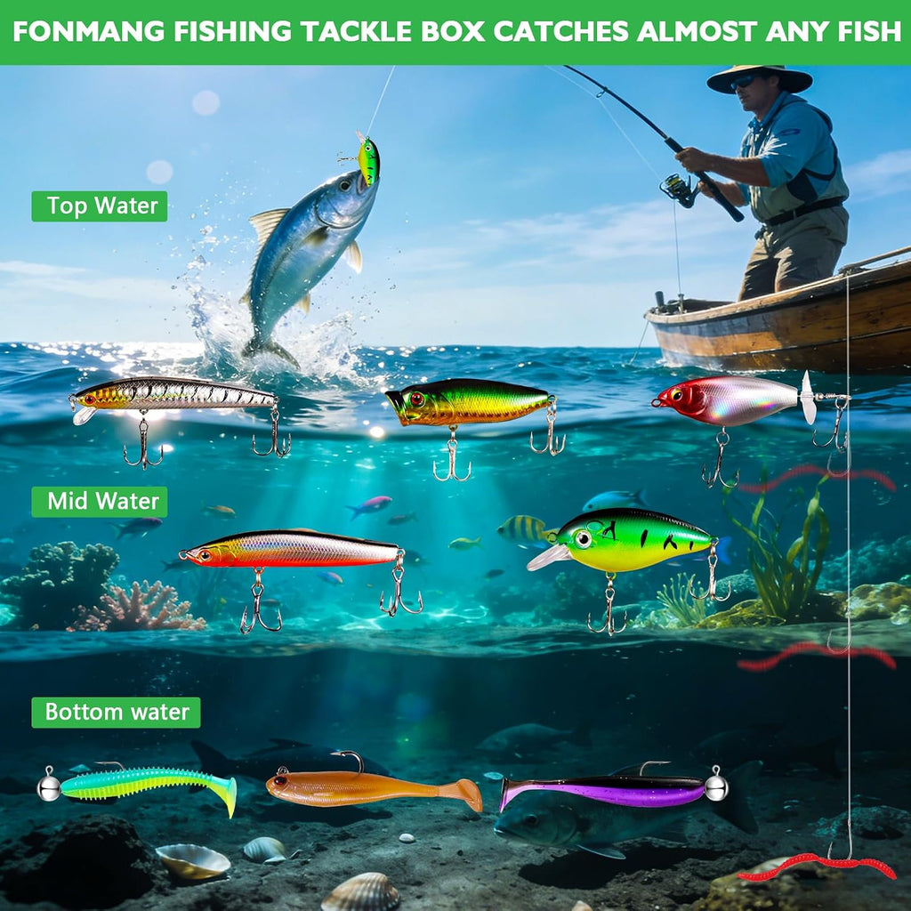 FONMANG Fishing Lures - Fishing Tackle kit with Fishing Spoons, Swim Bait, Jerk baits, Lure & Fishing Accessories, Bass Fishing Kit Also for Trout, Bluegill, Small Fishing Tackle Box for Freshwater