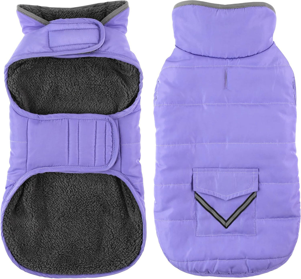 Petglad Dog Coat, Waterproof Dog Winter Jacket with Pocket, Reflective Adjustable Pet Snow Vest, Warm Cozy Fleece Sweater for Small Medium Extra Large Dogs - Purple, S