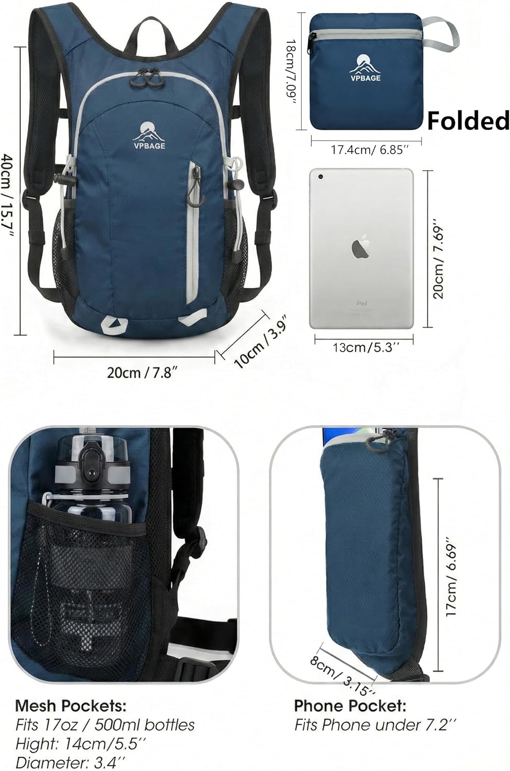 Foldable Small Hiking Backpack with 3 Strap Pockets – Lightweight 300D Spill-proof Daypack for Men Women – Packable Small Travel Backpack with Chest Strap & Trekking Pole Holder – Durable Outdoor Bag