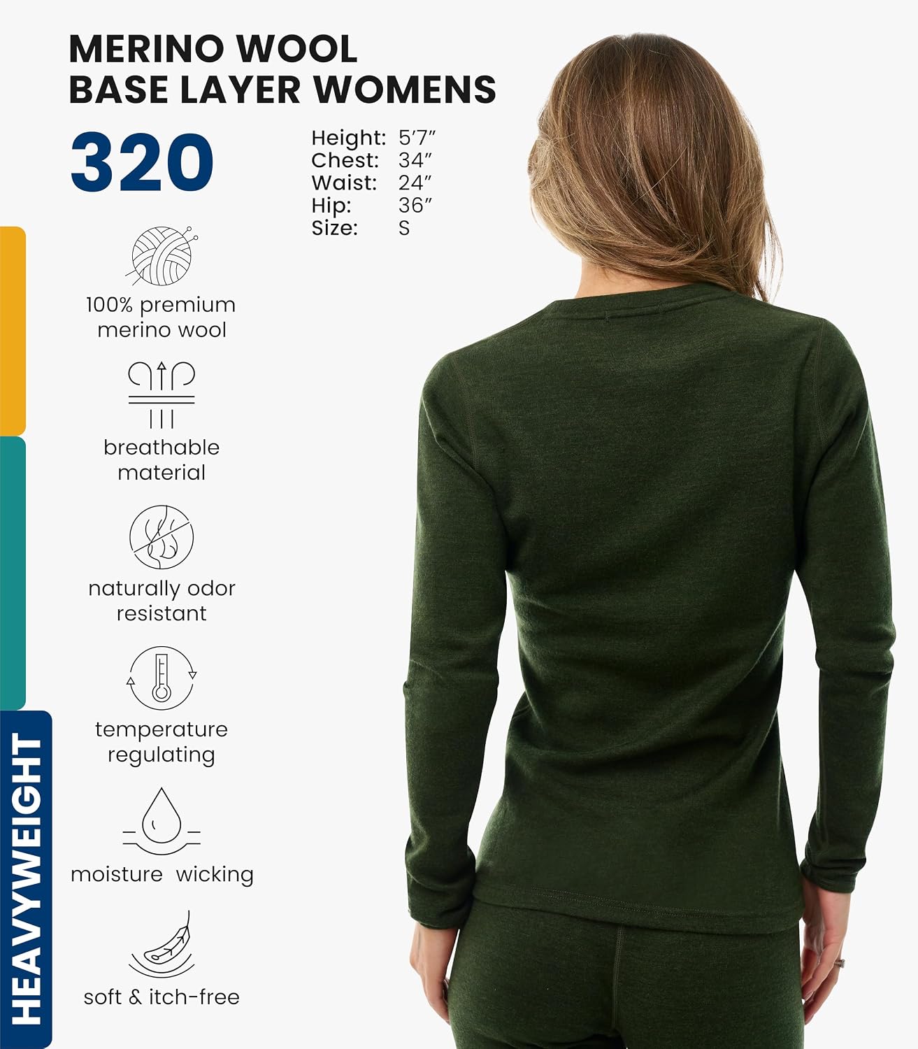 100% Merino Wool Base Layer Women - Long Sleeve Thermal Shirt with Socks