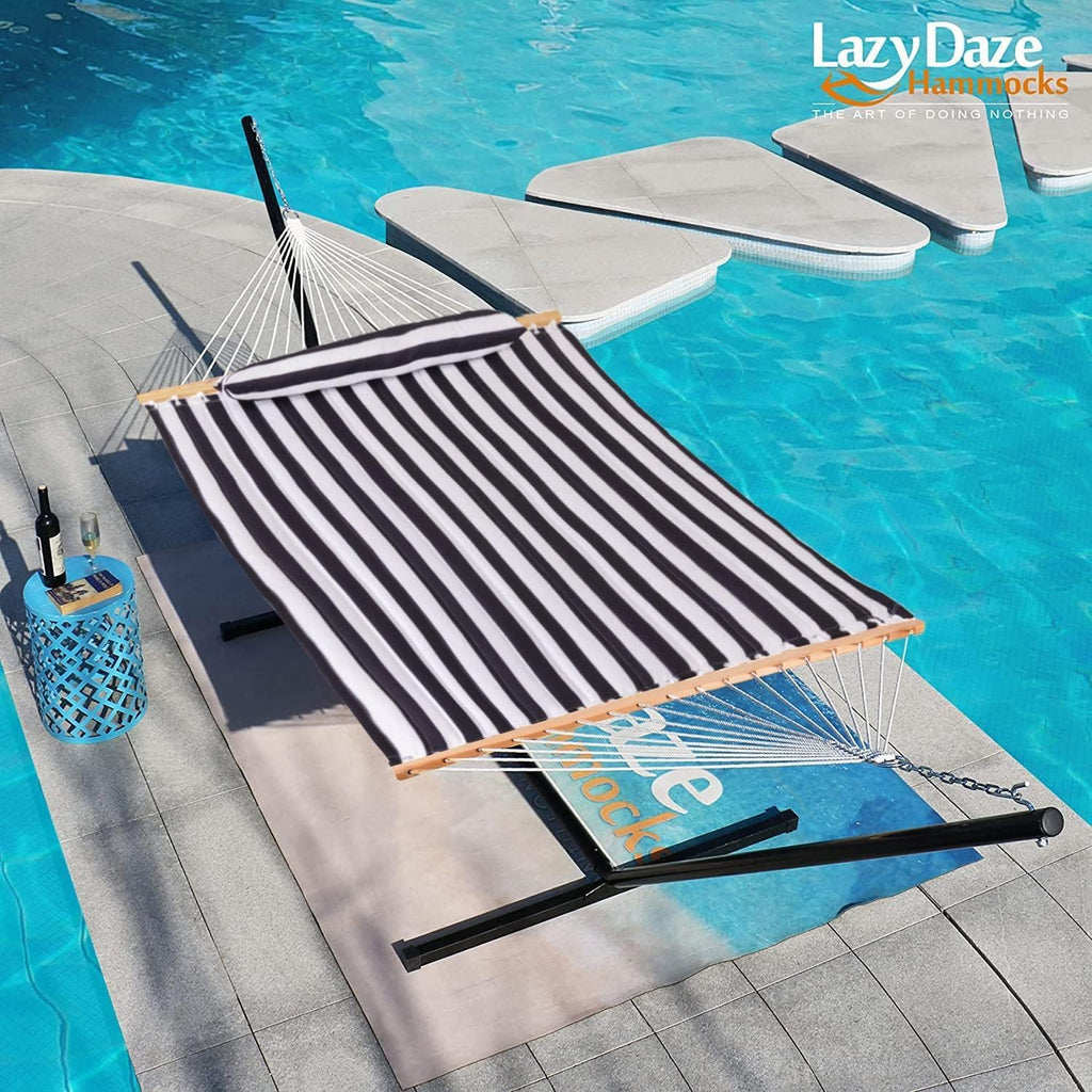 Lazy Daze Double Quilted Hammock with Pillow and Carabiners, Black White