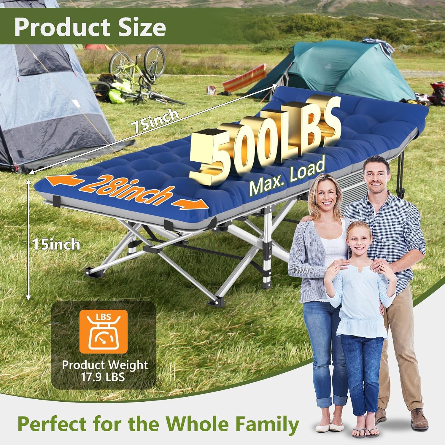 Slendor Folding Camping Cot with Mattress for Adults, 500lbs Portable Bed