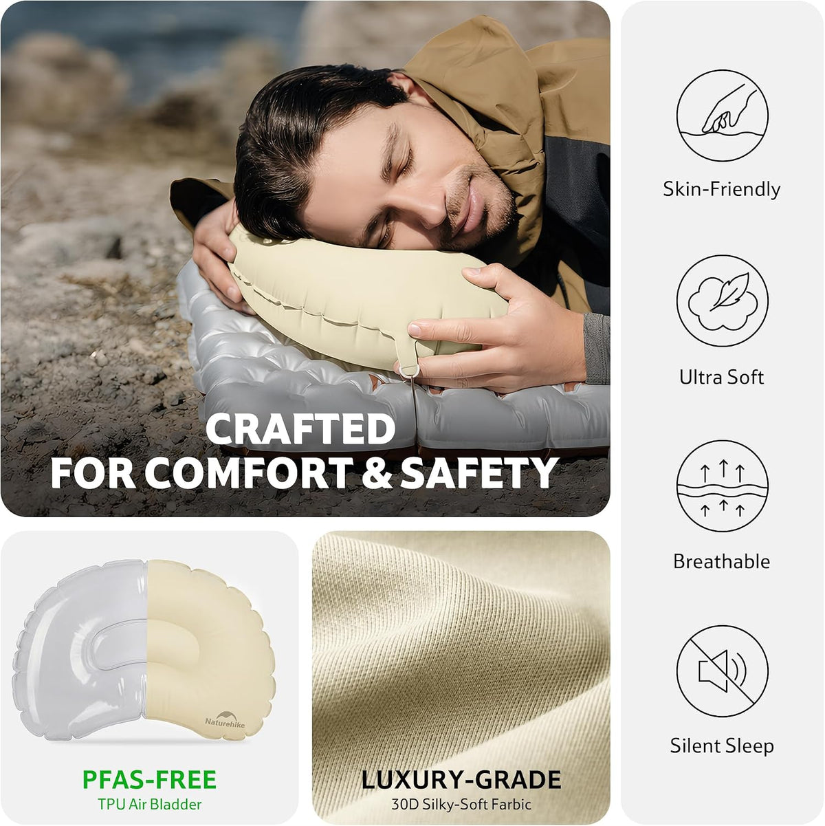 Naturehike Ultralight Inflatable Camping Travel Pillow, 2.5oz Portable Travel Air Pillow with Adjustable Valve & Fixing Buckle, TPU Blow Up Pillow for Camp Backpacking Hiking Car Airplane Trip, White