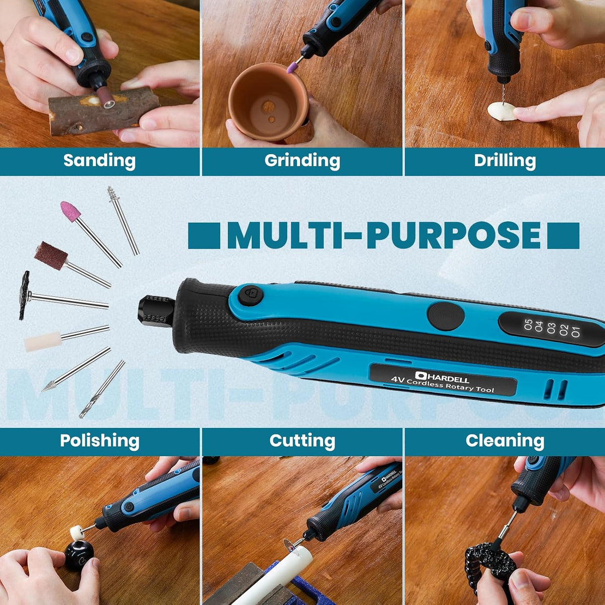 HARDELL Mini Cordless Rotary Tool, 4V Rotary Tool 5 Speed Display with Type-C Charging, Power Rotary Tool Kit with 69 Accessories for Sanding, Grinding, Engraving, Polishing, Drilling, Cutting, DIY