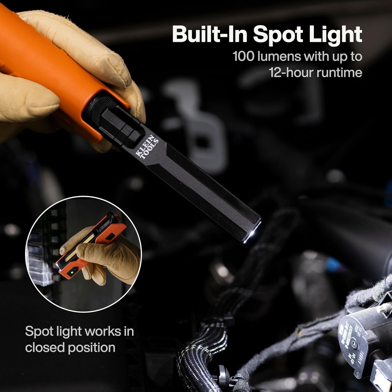 Klein Tools 56073 Foldable Handheld Work Light, 500-Lumen LED with 180-Degree Pivot and 270-Degree Rotation, USB-C Rechargeable Flashlight with Built-In Spotlight, Magnetic Base, IP54-Rated