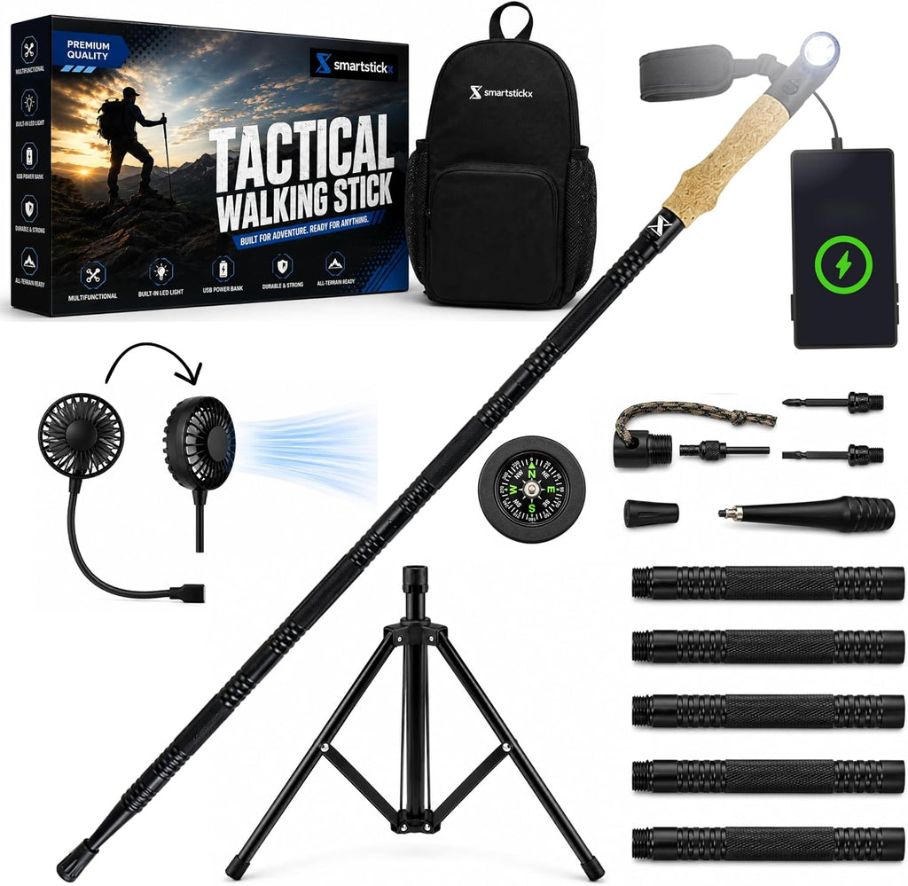 Tactical Hiking & Walking Stick - Survival Multi-Tool w/Light & Power Bank