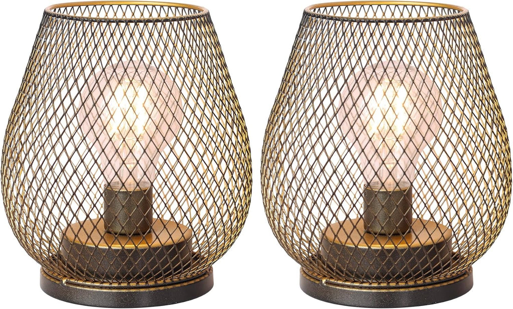 Set of 2 Battery Operated Lamp LED Table Lantern, Brown Metal Cage Cordless Lamps with LED Bulb，Vintage Decorative Outdoor Lantern for Weddings, Parties, Patio, Events for Indoors Shelf Decor