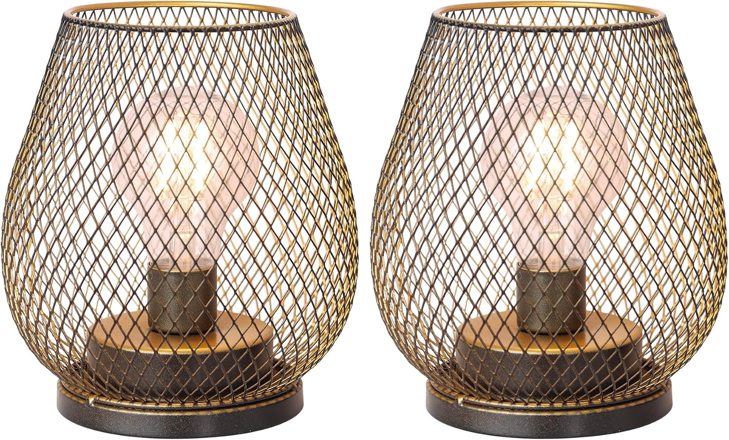 Set of 2 Battery Operated Lamp LED Table Lantern, Brown Metal Cage Cordless Lamps with LED Bulb，Vintage Decorative Outdoor Lantern for Weddings, Parties, Patio, Events for Indoors Shelf Decor