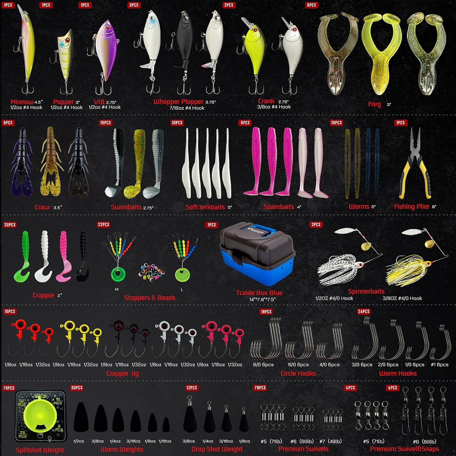 Fishing Tackle Box with Tackle Included Lures, 3-Layer Tackle Kit