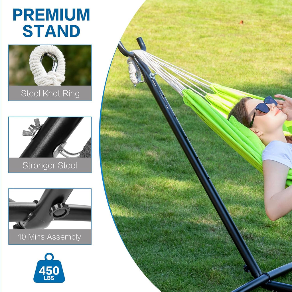 PNAEUT Double Hammock with Stand for Outside, Heavy-Duty, Portable(Green)