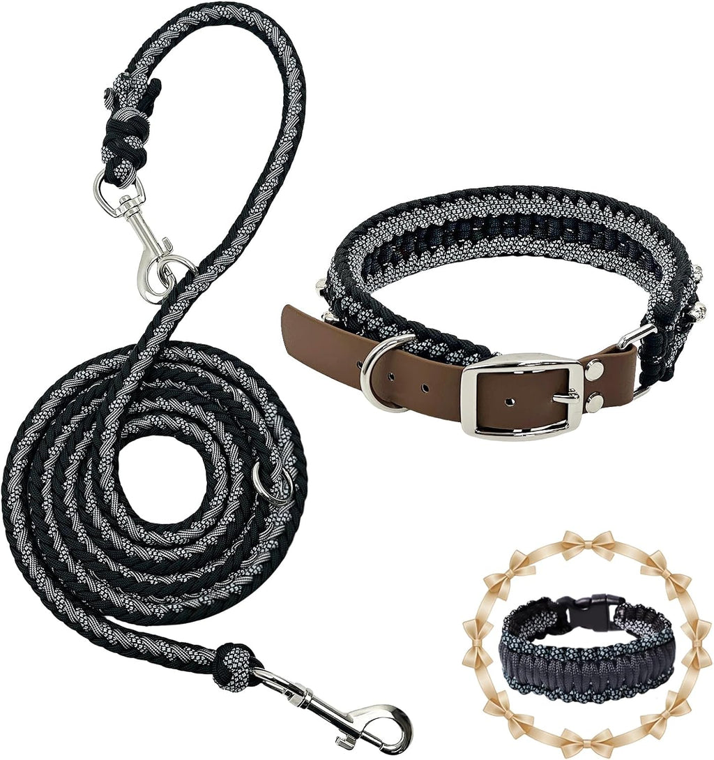 Paracord Dog Collar and Leash Set, Black Skull, 14"-20"
