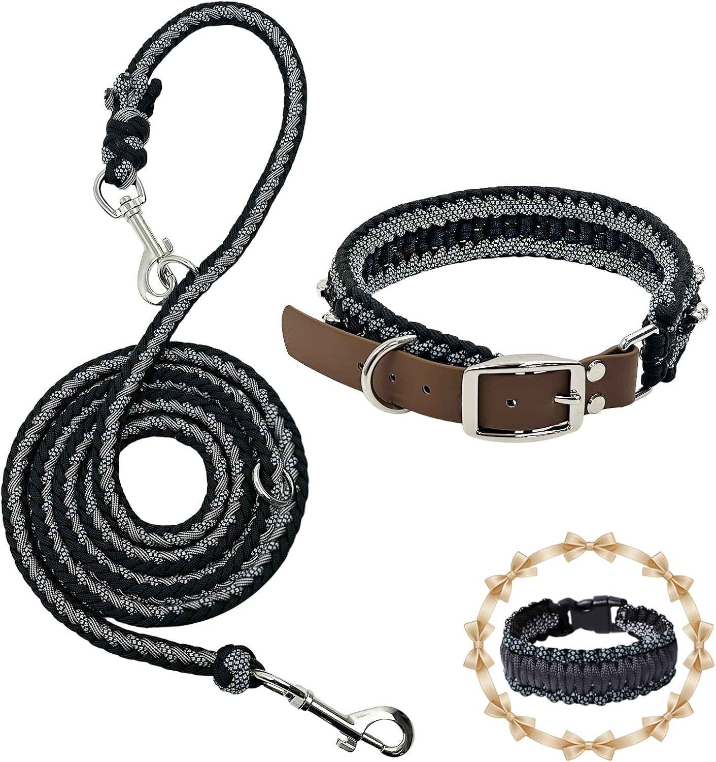Paracord Dog Collar and Leash Set, Black Skull, 14"-20"