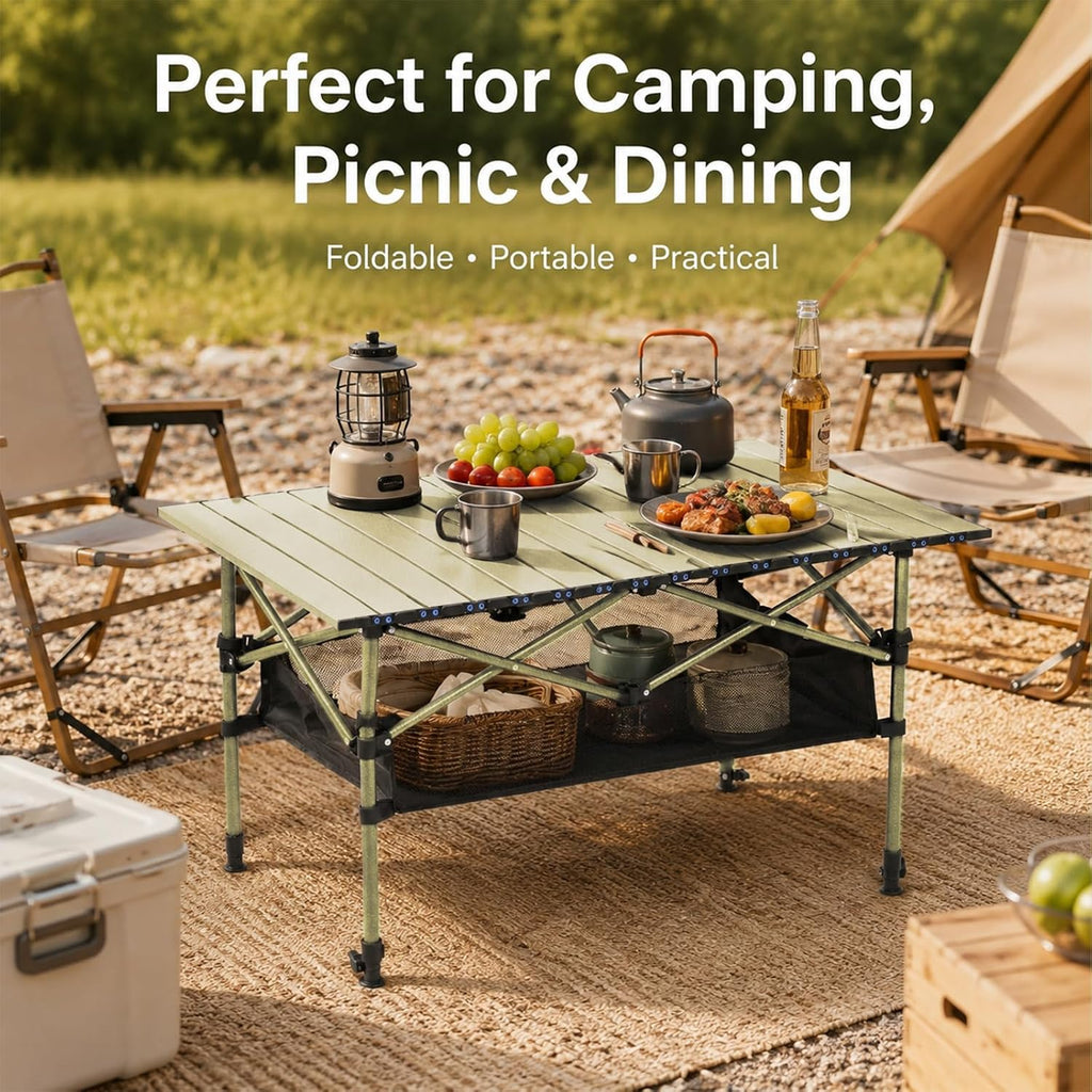 Portable Folding Camping Table, Adjustable Height, Beige, 37 x 21 in