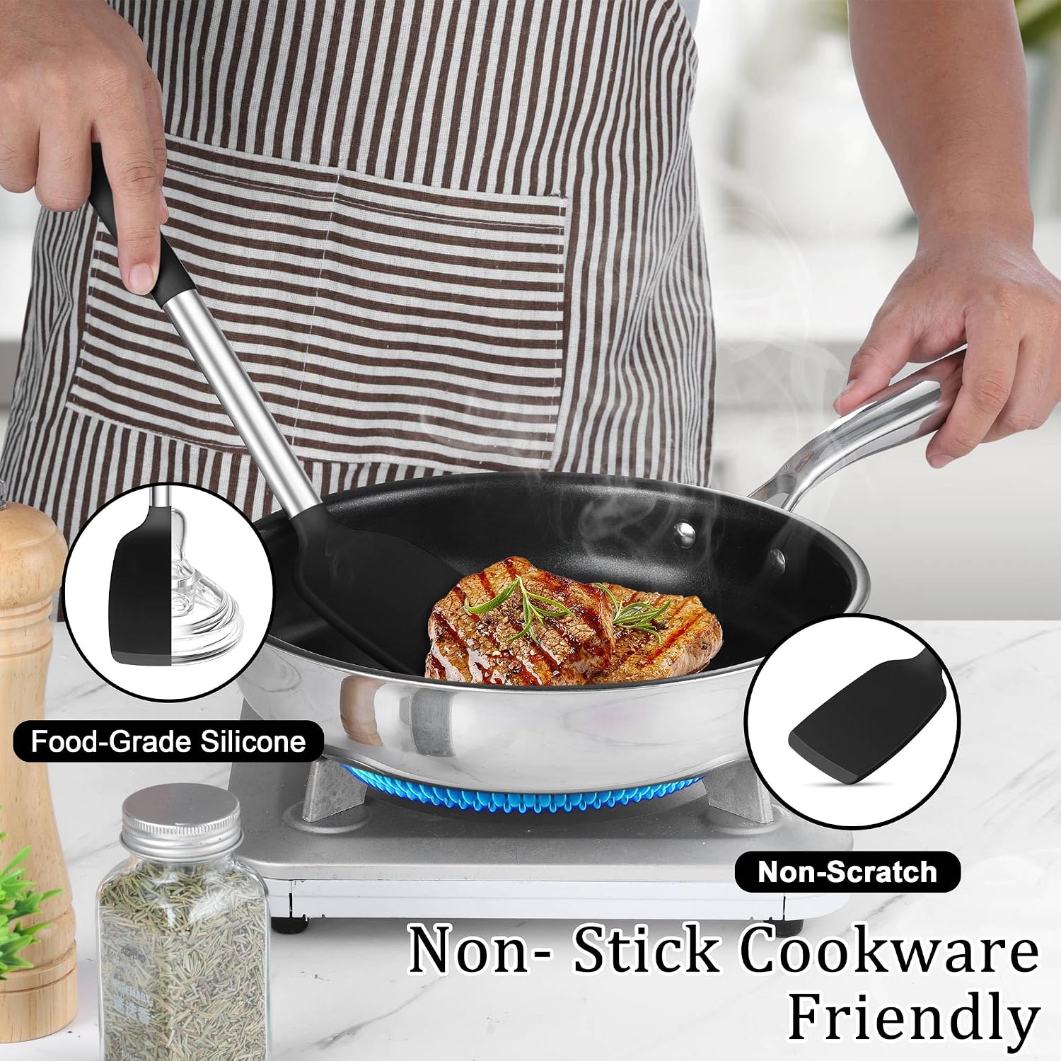 TeamFar Cooking Utensils Set, 5 PCS Silicone Kitchen Utensils, Black