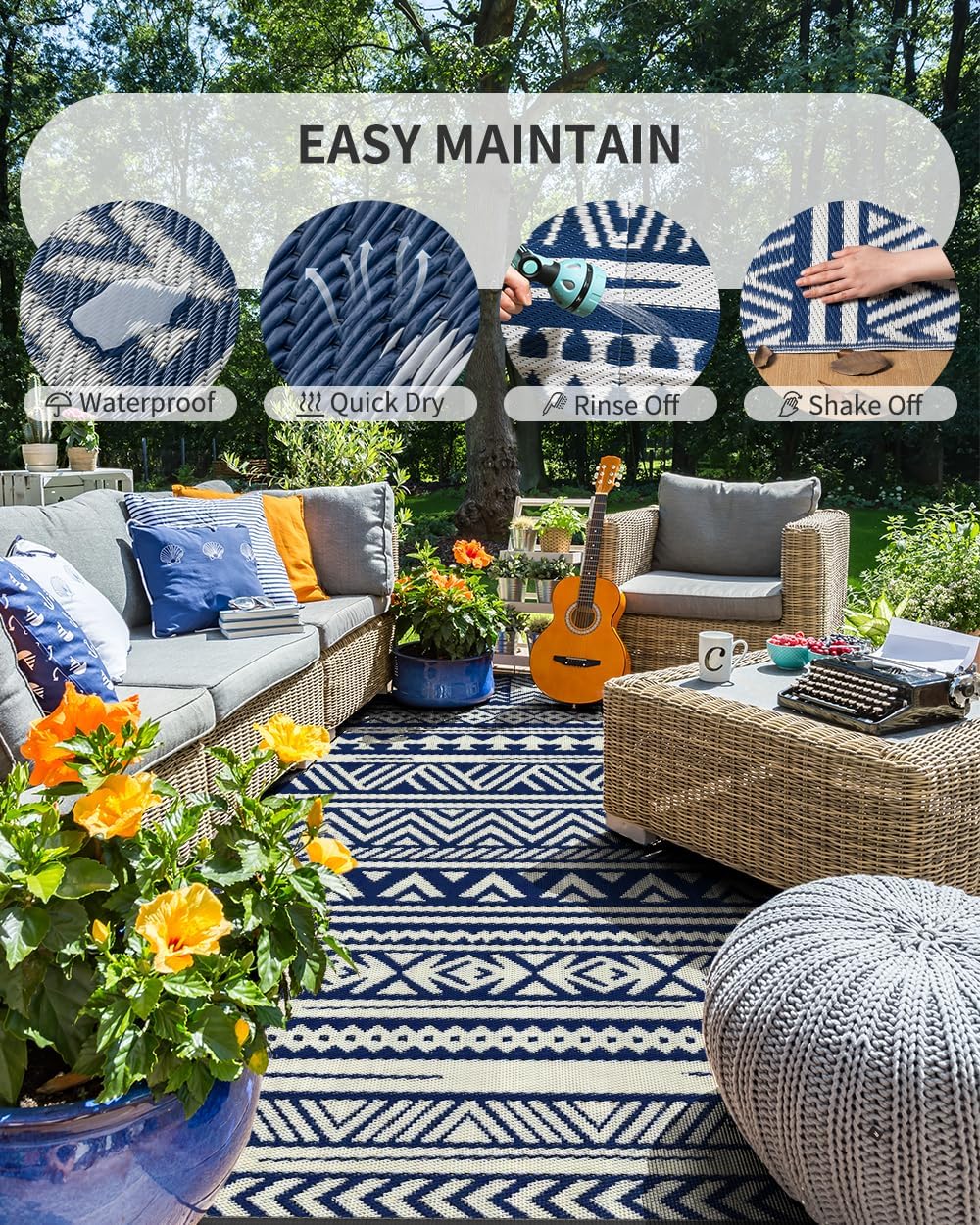 MontVoo Outdoor Rug Carpet Waterproof 6x9 Outdoor Patio Rug Mat Reverisble Plastic Straw Outdoor Rug for RV Camping Picnic Beach Balcony Boho Navy Blue