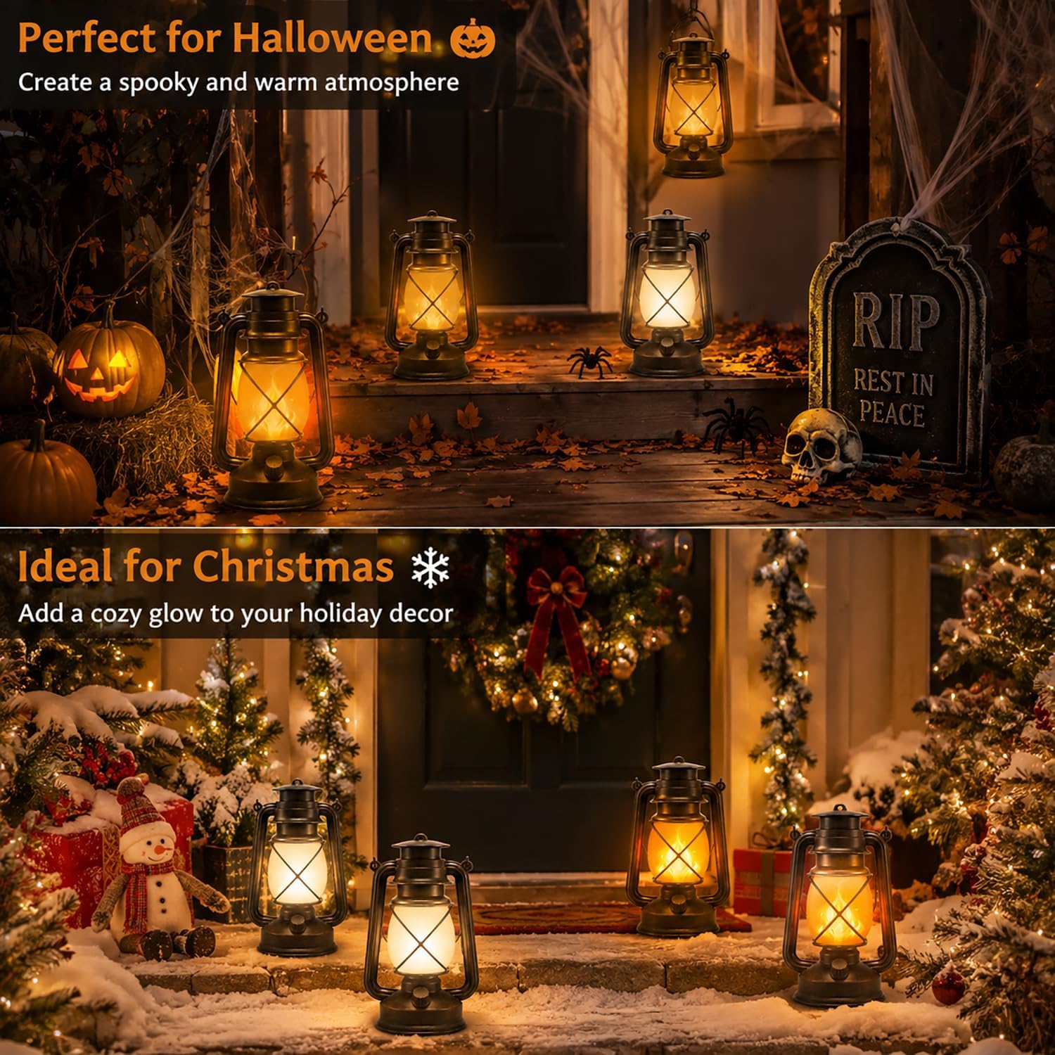 Outdoor Lanterns Waterproof Hanging Vintage LED Camping Lamps with Dancing Flame Non-Solar Remote Control Light Landscape Decor for Table Patio Garden Yard Pathway Porch 2Pack (3AA Batteries Power)