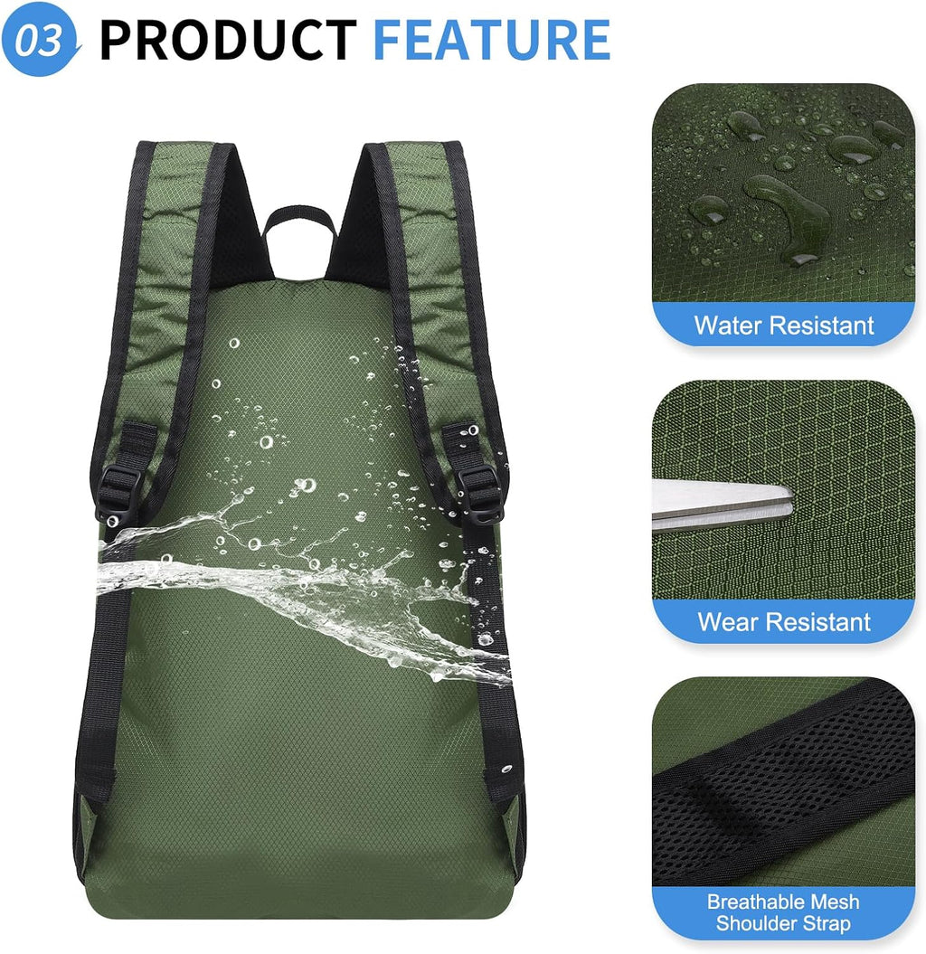 20L Small Hiking Backpack for Women Men Packable Daypack Green