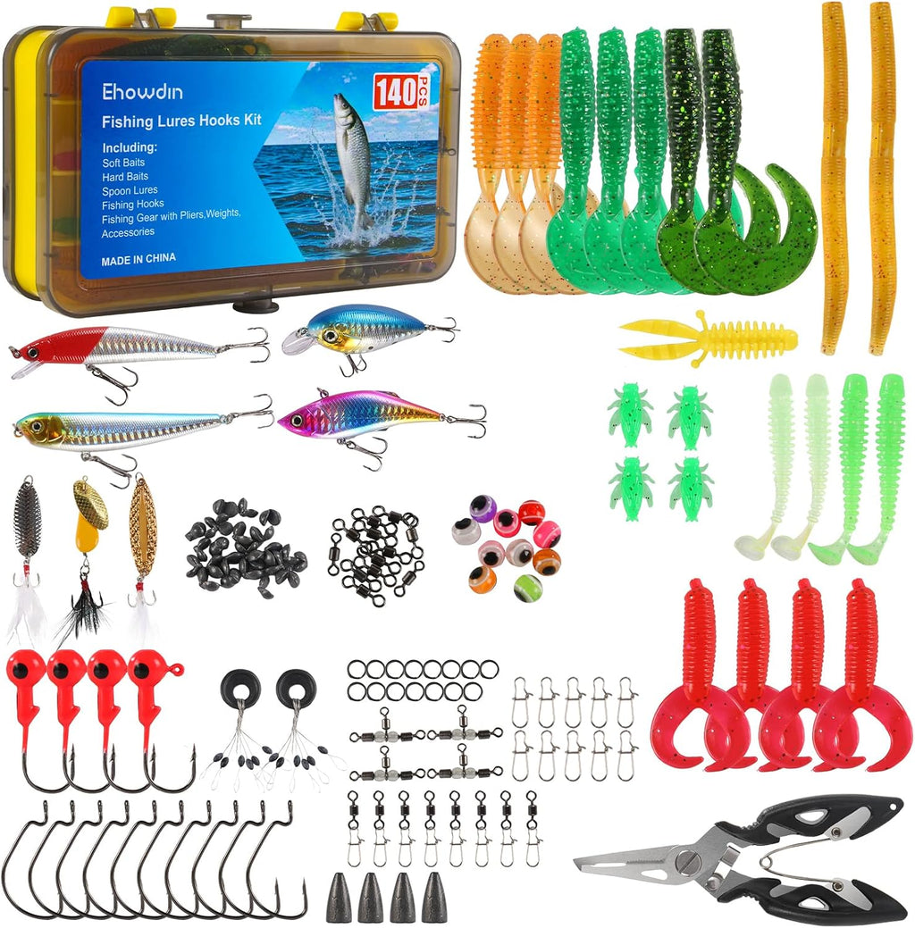 140/234PCS Fishing Lures Kit with Pliers, Fishing Gear Tackle Box Included Tackles, Bionic Baits,Spoon, Hooks, Weights Freshwater, Saltwater and Accessories for Men Women Kids