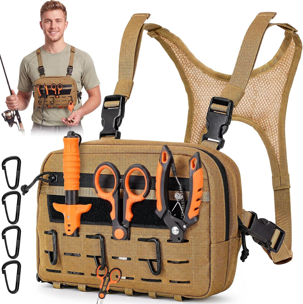 Fly Fishing Chest Pack Water Resistant Tackle Bag with MOLLE System, Detachable Hook Pouches, Adjustable Chest Straps for Stream Wade Fishing(Khaki)