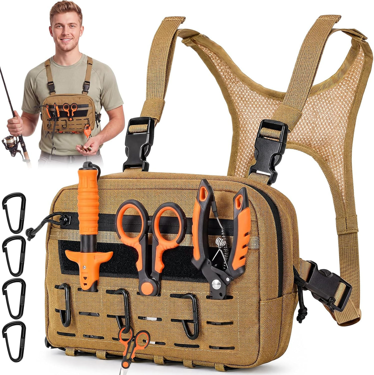 Fly Fishing Chest Pack Water Resistant Tackle Bag with MOLLE System, Detachable Hook Pouches, Adjustable Chest Straps for Stream Wade Fishing(Khaki)