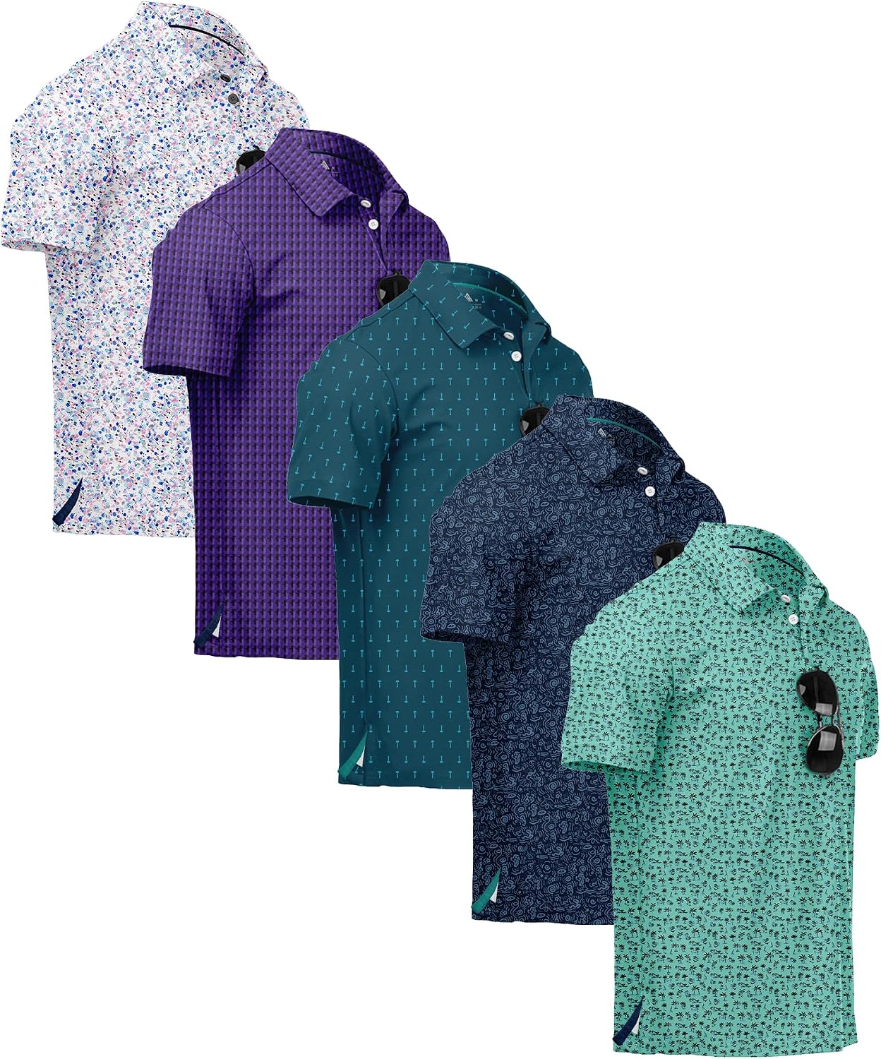ZITY 5 Pack Mens Golf Shirt Short Sleeve UPF 50+ Print Patterns Casual Polo