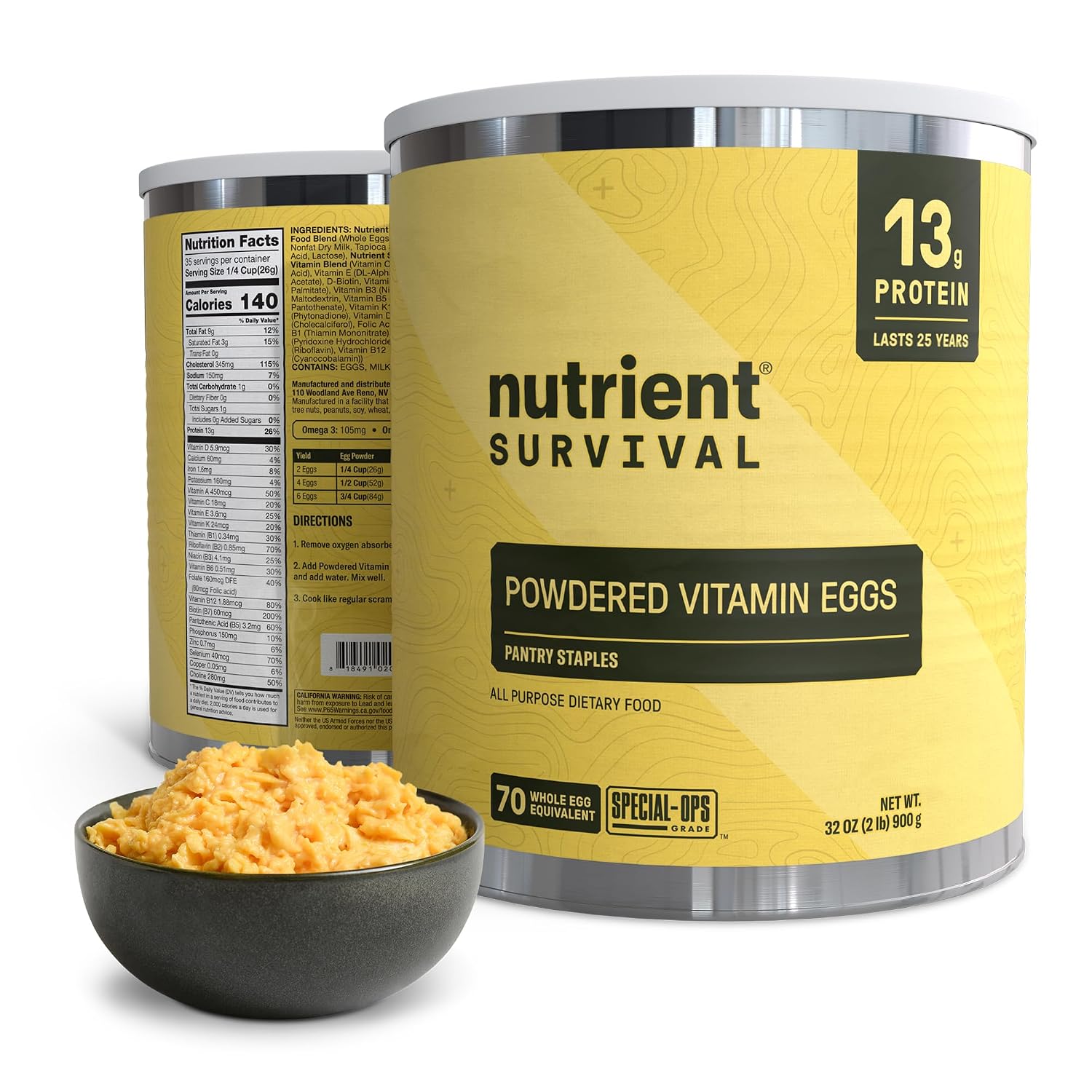 70 Egg Equivalent Nutrient Survival Vitamin Powdered Eggs Blend, Freeze Dried Prepper Supplies & Emergency Food Supply, 33 Essential Nutrients, Gluten Free, Shelf Stable Up to 25 Years Cage Free