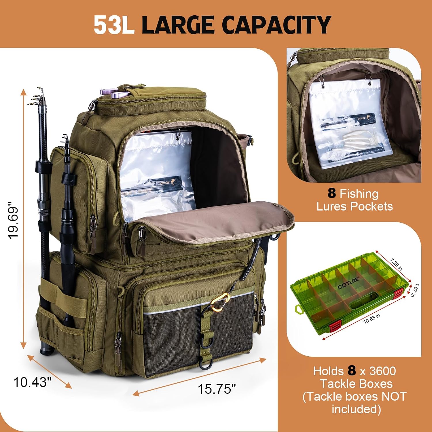 Goture Fishing Tackle Backpack with Cooler, 2 Rod Holders & Rain Cover