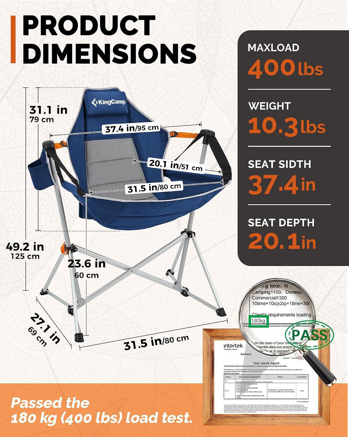 KingCamp Hammock Camping Chair, 400lbs Heavy Duty Swing Chairs for Adults