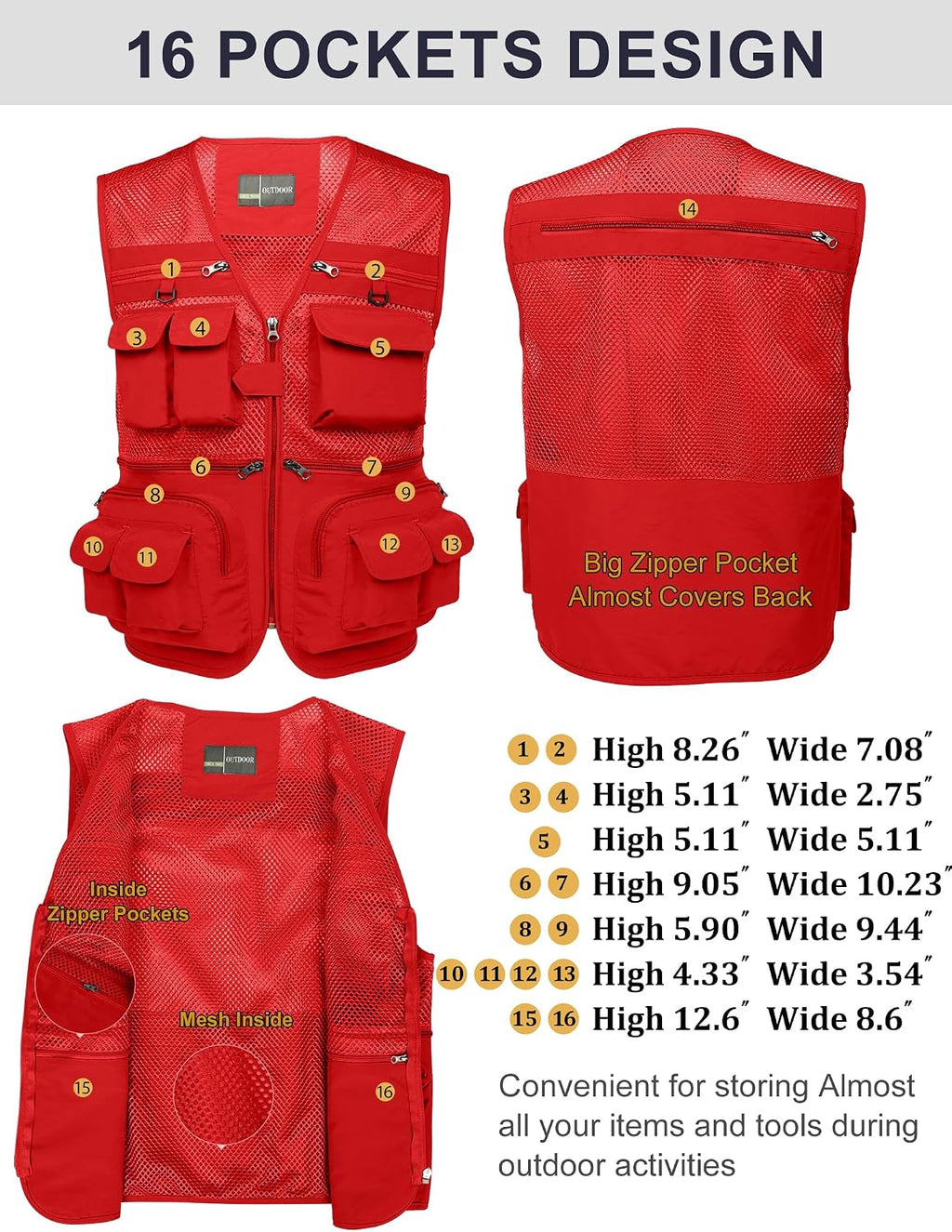 Flygo Men's Fishing Vest Utility Lightweight Outdoor Travel Safari Photo Cargo Vest with 16 Pockets
