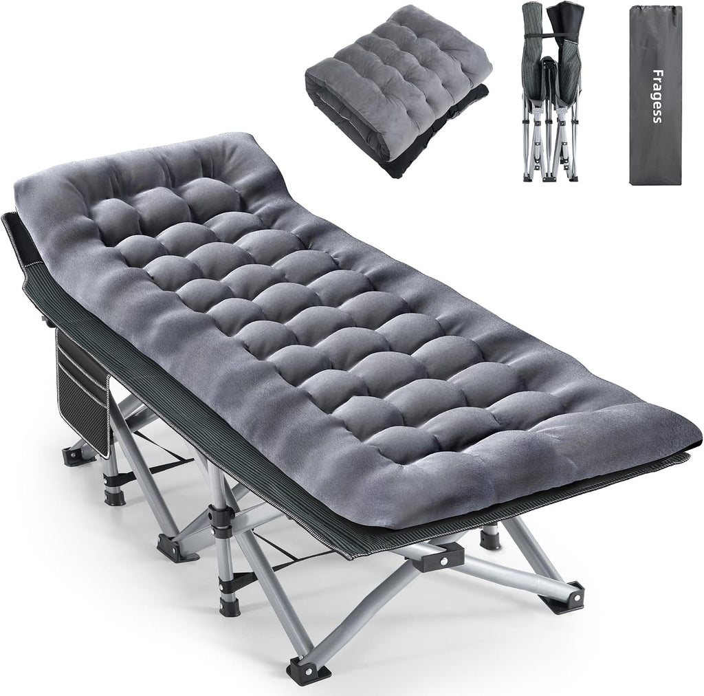 Fragess Camping Cot, Sleeping Cots for Adults, Portable Camping cots with Mattress, Pillow and Carry Bag, 1200D Double Layer Oxford, 600 LBS Weight Capacity Cots for Sleeping(Grey+Black)