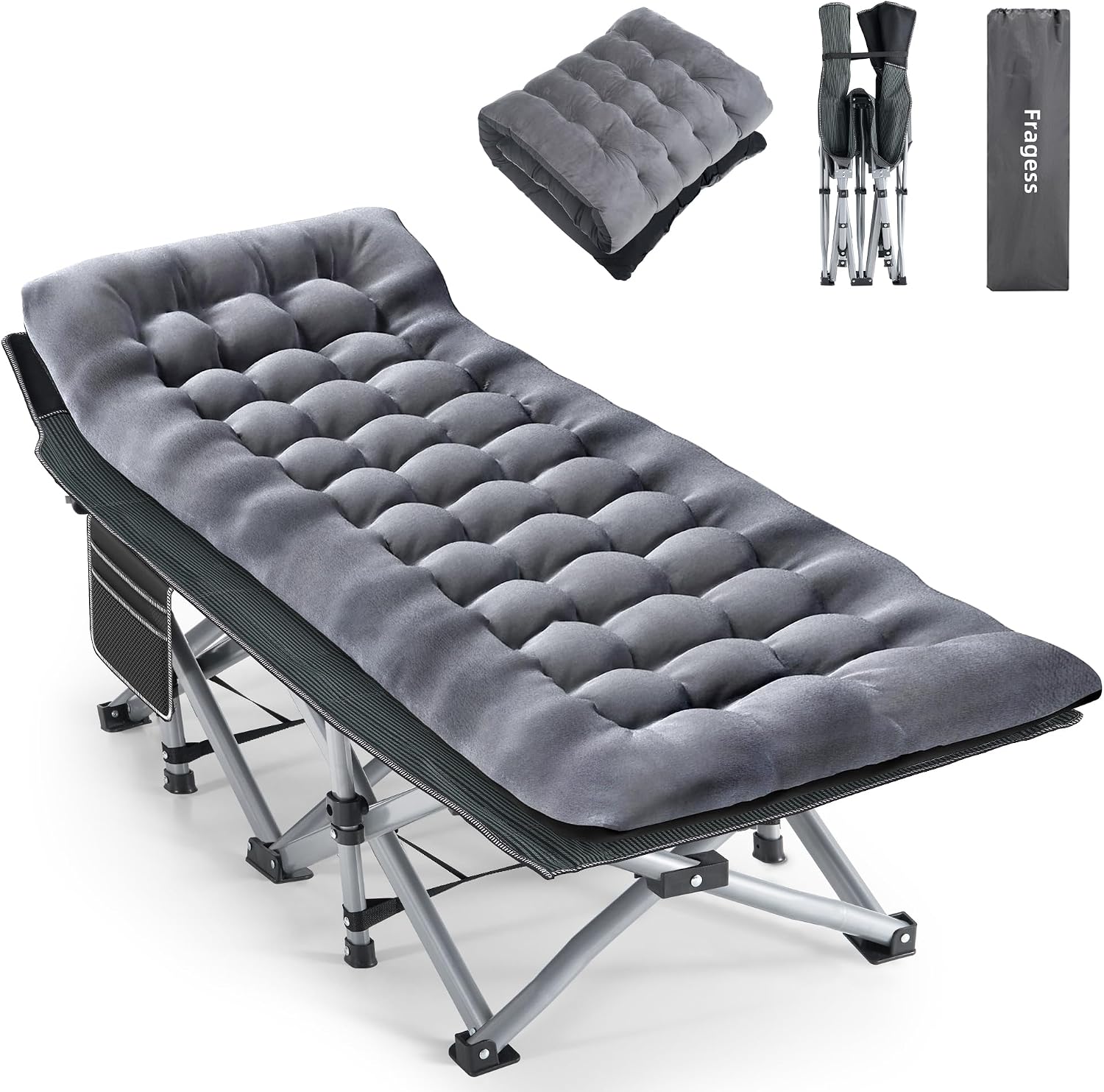 Fragess Camping Cot, Sleeping Cots for Adults, Portable Camping cots with Mattress, Pillow and Carry Bag, 1200D Double Layer Oxford, 600 LBS Weight Capacity Cots for Sleeping(Grey+Black)