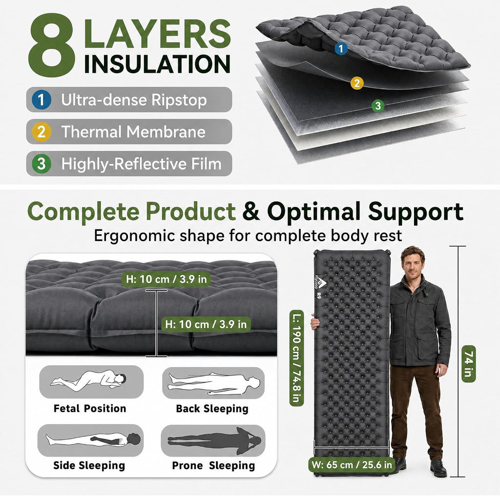 Camping Sleeping Pad, SGS Certified 9.0 R-Value 4" Thick Inflatable Camping Mattress Ultralight Insulated Sleeping Pad for Tent, Car Camping, Truck Bed & All Season Outdoor Use