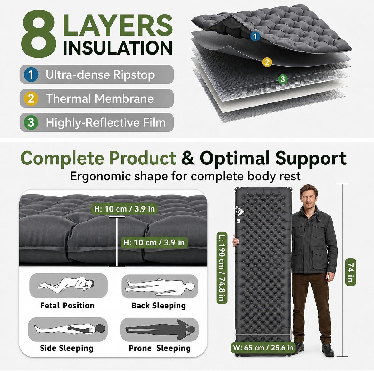 Camping Sleeping Pad, SGS Certified 9.0 R-Value 4" Thick Inflatable Camping Mattress Ultralight Insulated Sleeping Pad for Tent, Car Camping, Truck Bed & All Season Outdoor Use