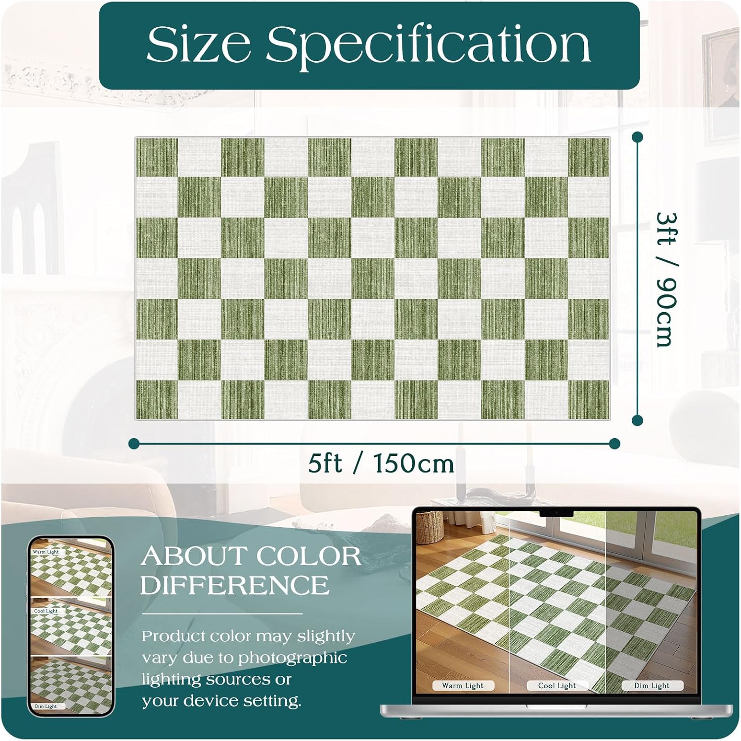 Green White Checkered Entry Rug - 3x5 Non-Slip Indoor Outdoor Rugs