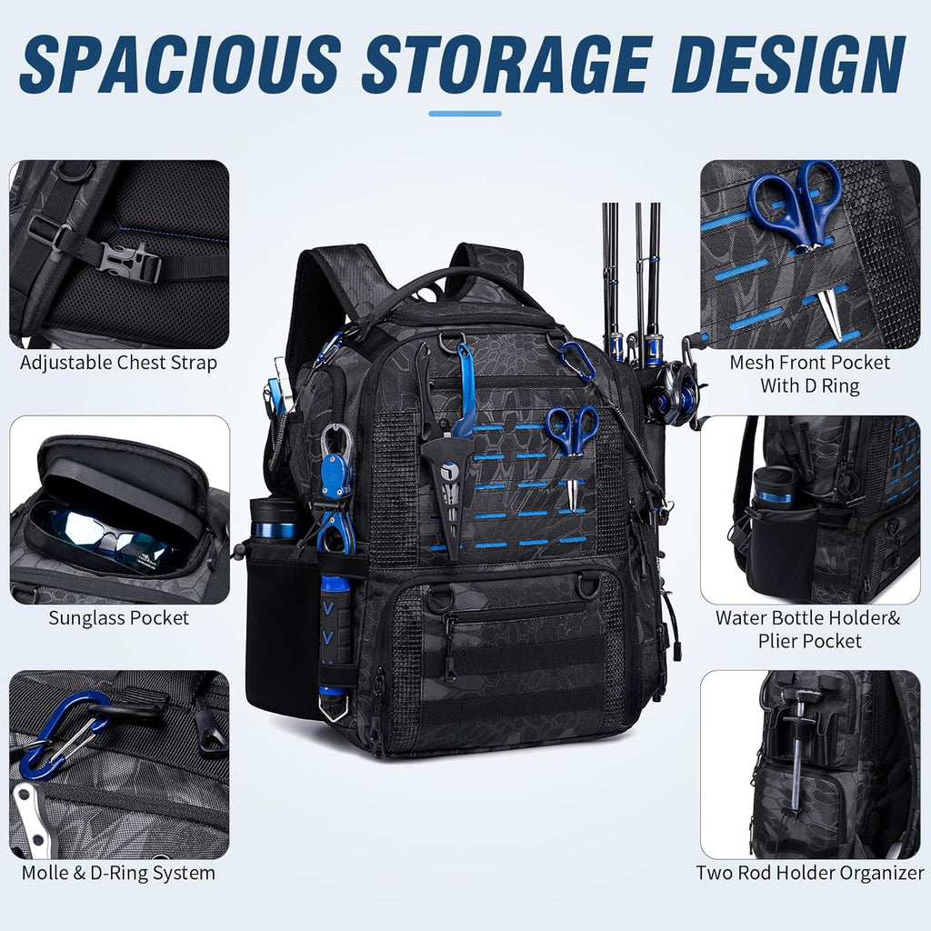 50L Fishing Backpack with Rod Holders, Tackle Box Backpack