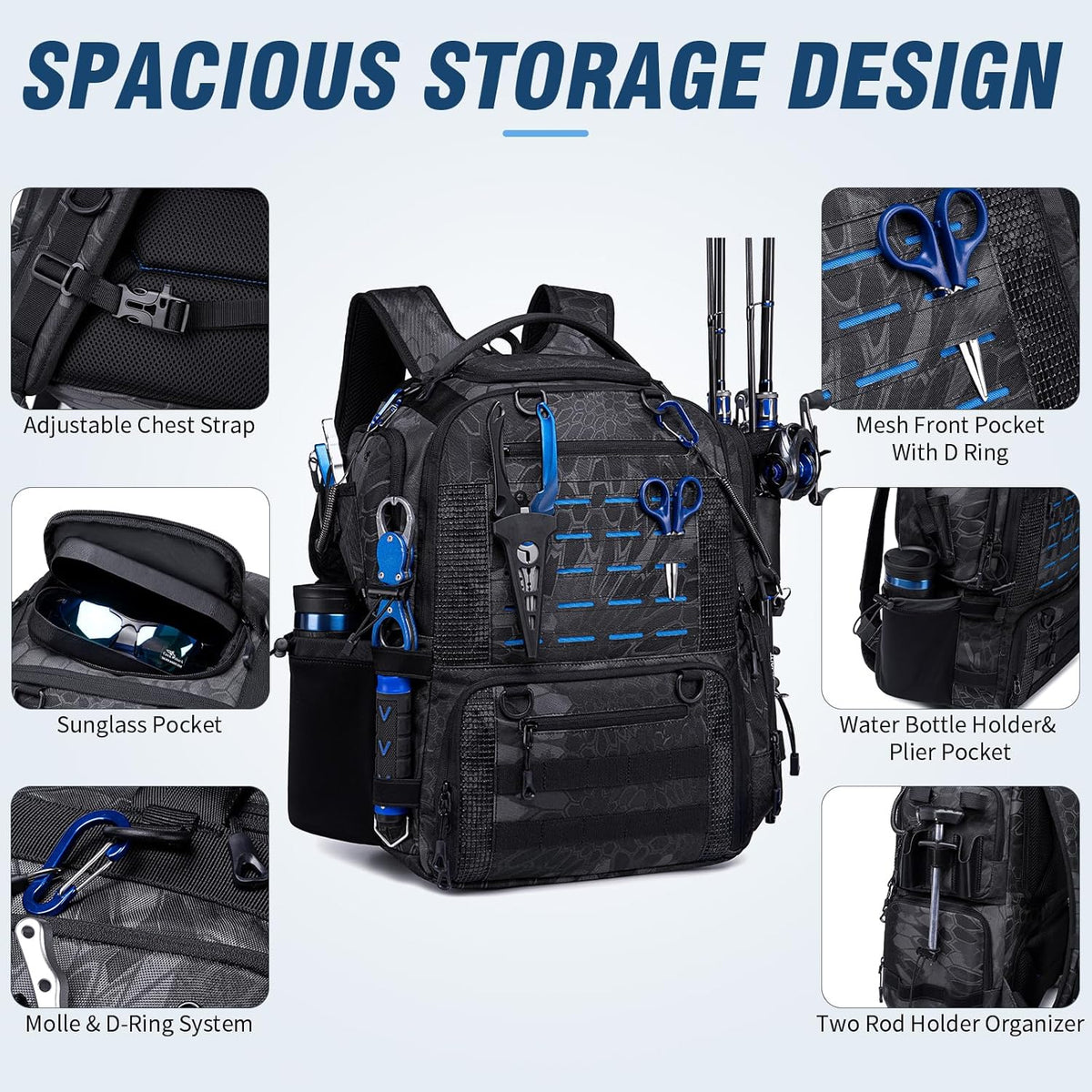 50L Fishing Backpack with Rod Holders, Tackle Box Backpack