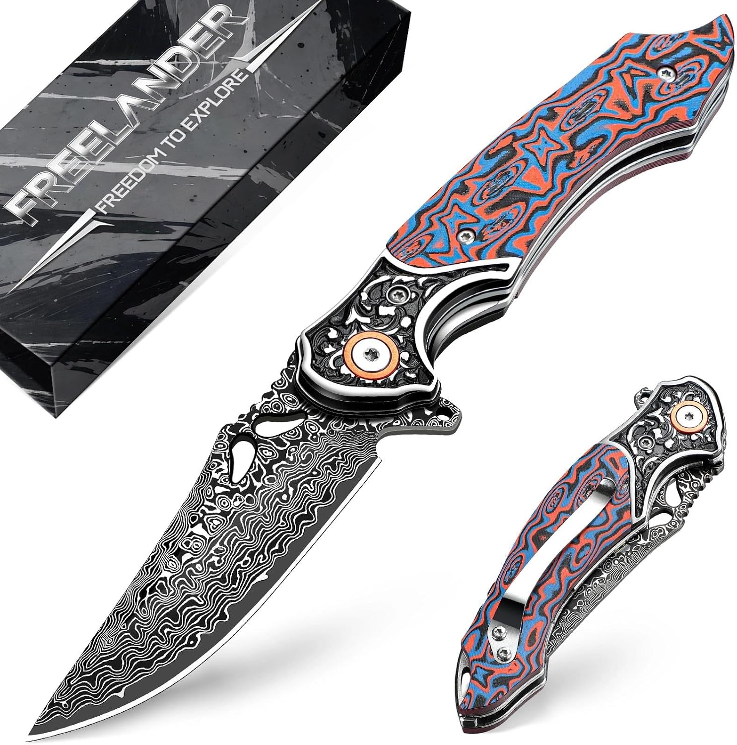 Freelander Damascus Folding Pocket Knife with G10 Handle - Gifts for Men